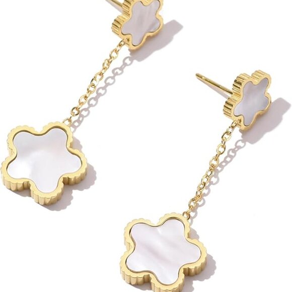 14K Gold Plated Natural Shell Clover Earrings - Picture 4 of 5